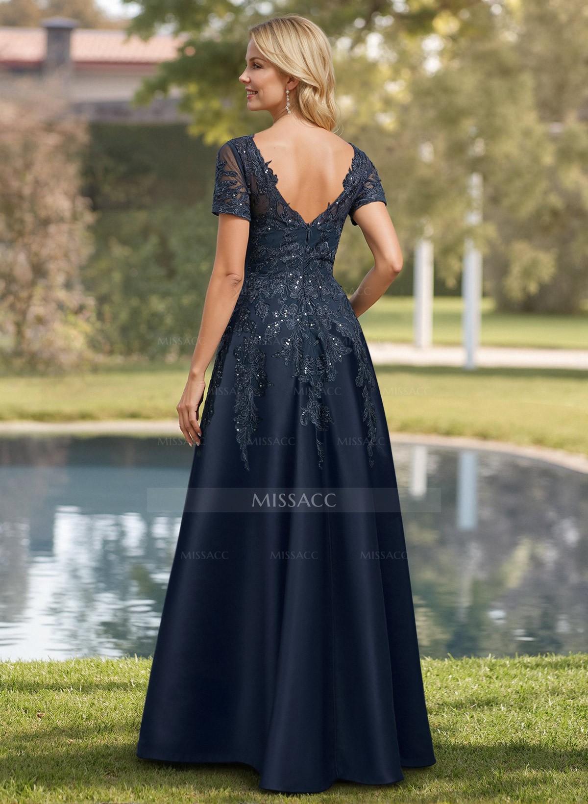 ALine VNeck Short Sleeves Satin Mother Of The Bride Dresses With Lace