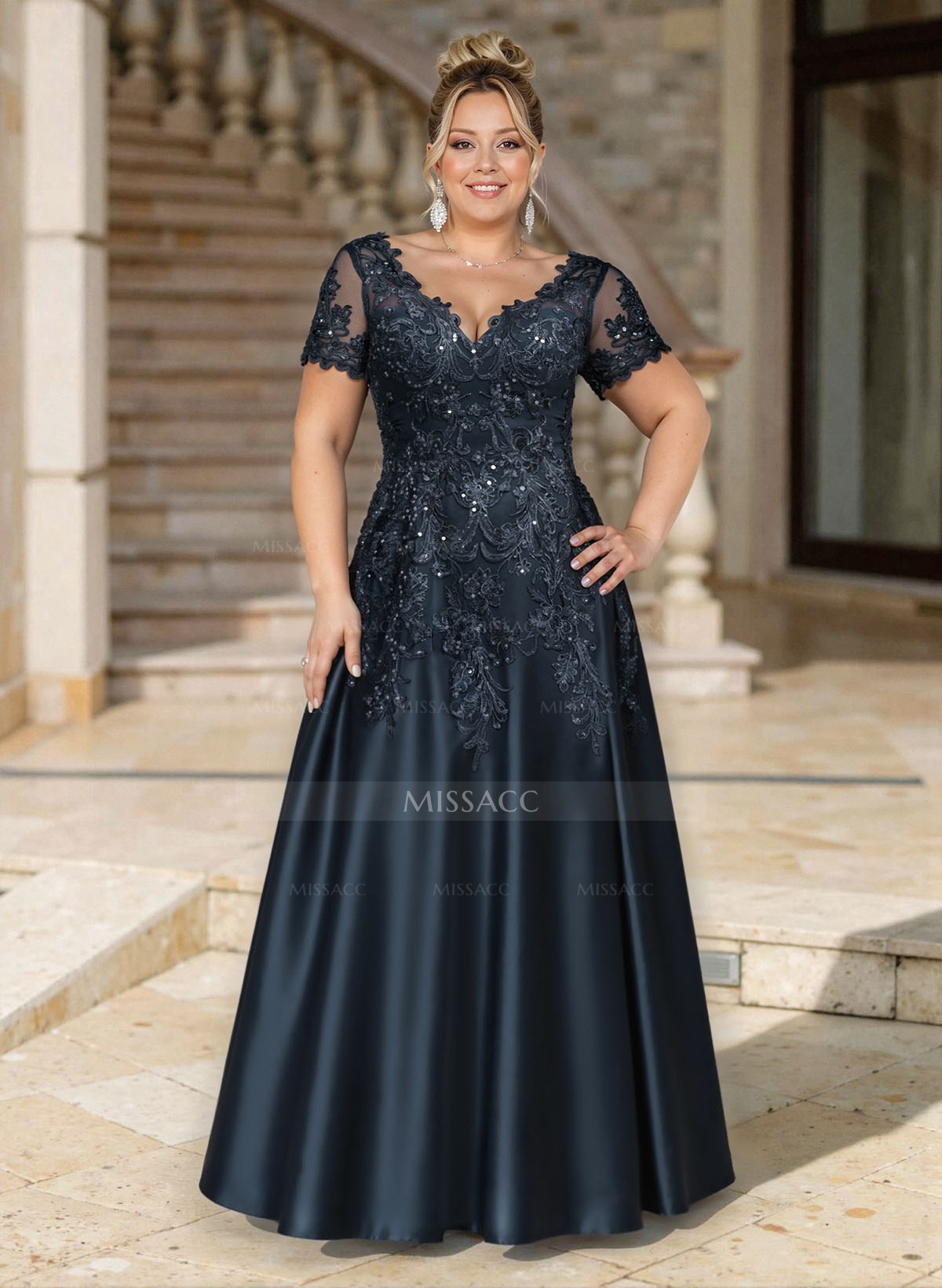 Exquisite Semi Sheer Illusion Floral Embroidered V-Neck Mother Of The Bride Dresses