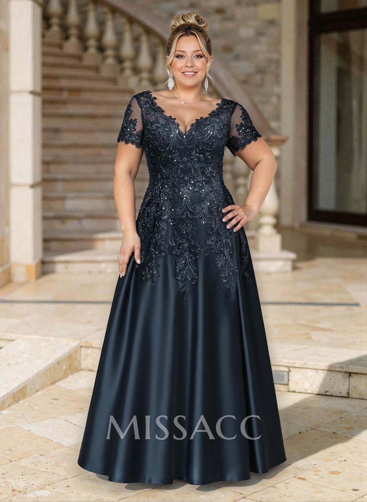 Exquisite Semi Sheer Illusion Floral Embroidered V-Neck Mother Of The Bride Dresses