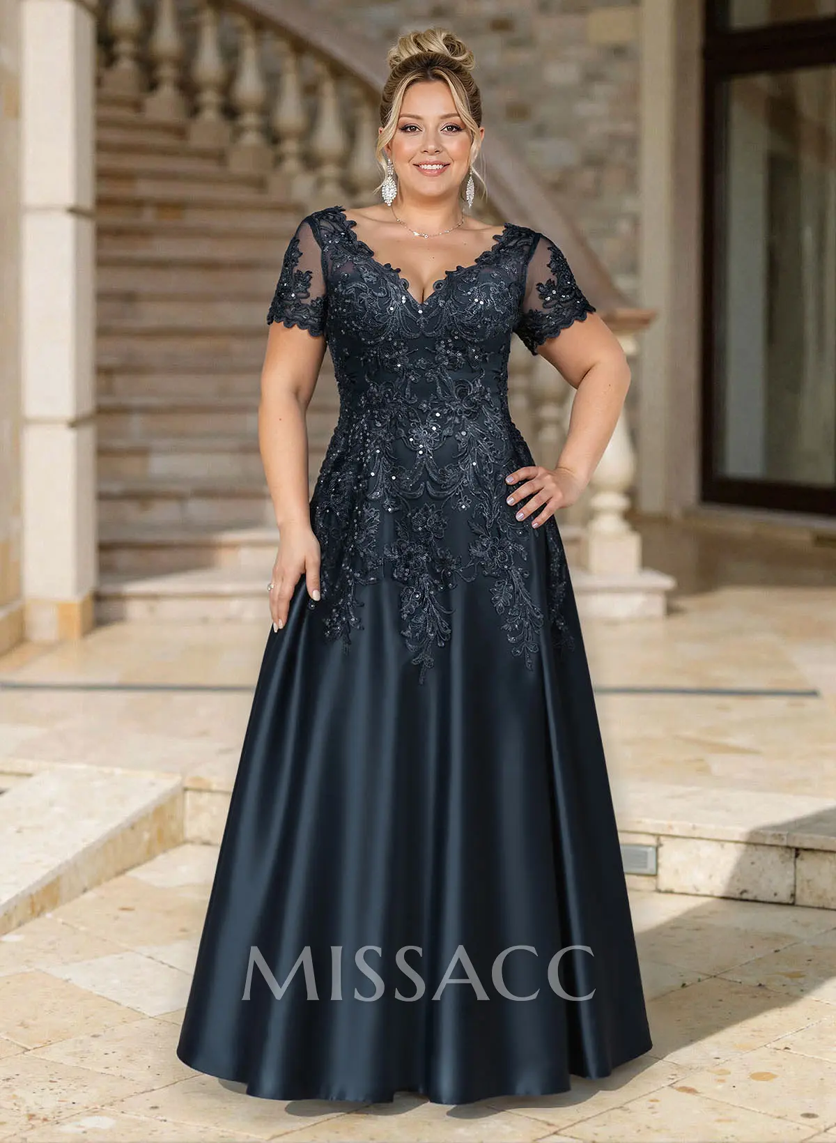Exquisite Semi Sheer Illusion Floral Embroidered V-Neck Mother Of