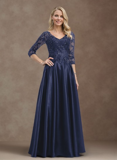 A-Line V-Neck Long Sleeves Satin Mother Of The Bride Dresses With Appliques Lace