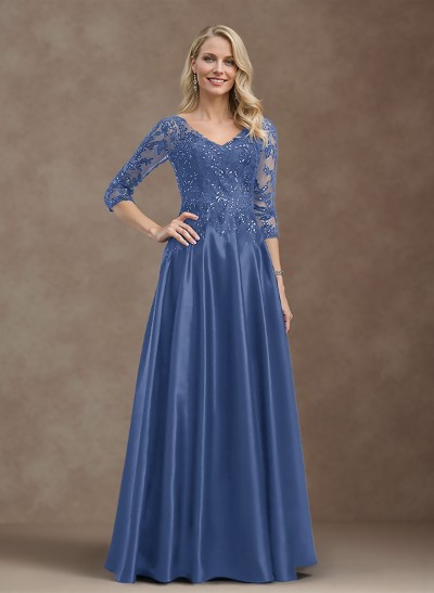 Exquisite Semi Sheer Illusion Floral Embroidered V-Neck Mother Of The Bride Dresses