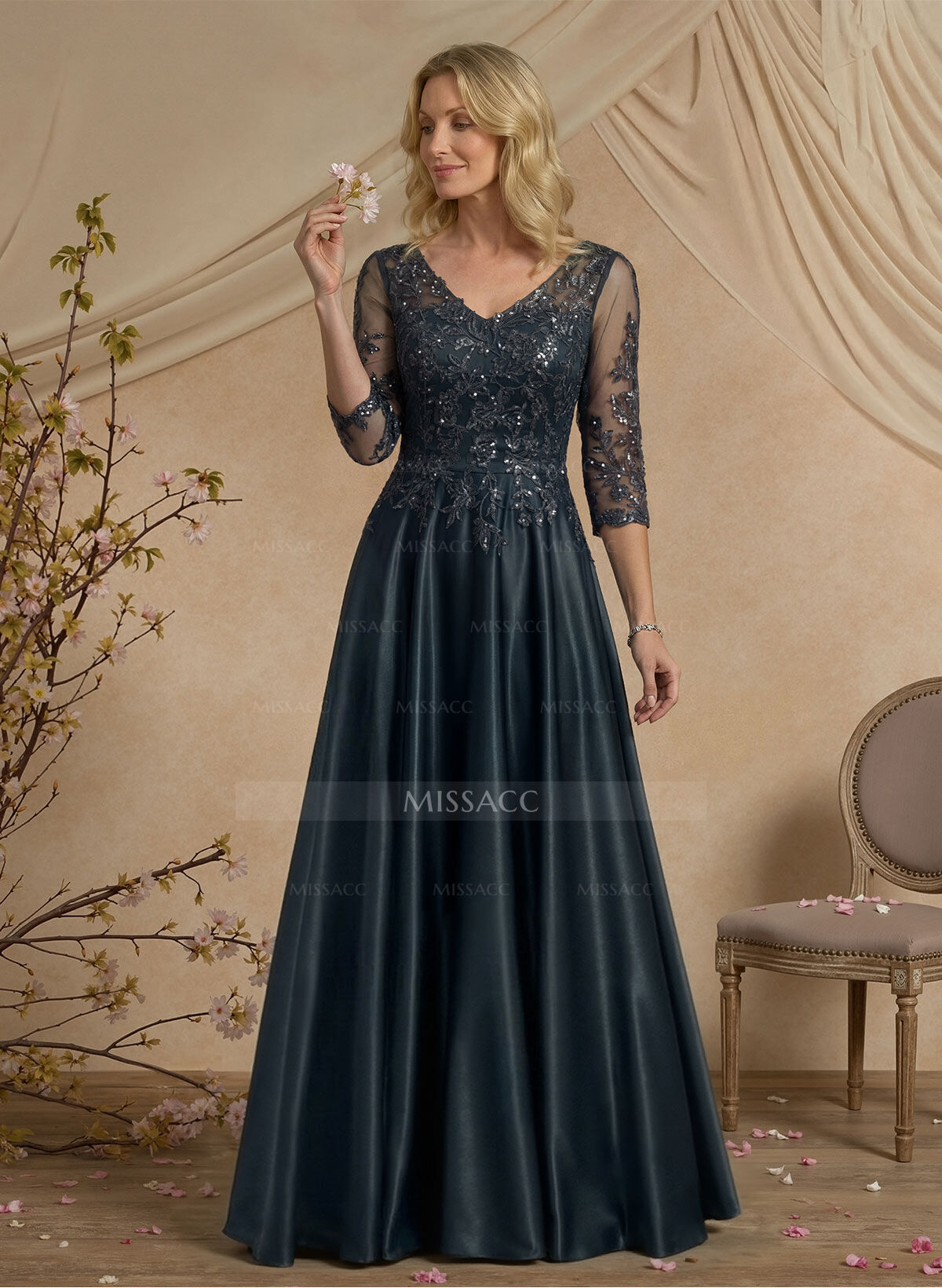 Exquisite Semi Sheer Illusion Floral Embroidered V-Neck Mother Of The Bride Dresses