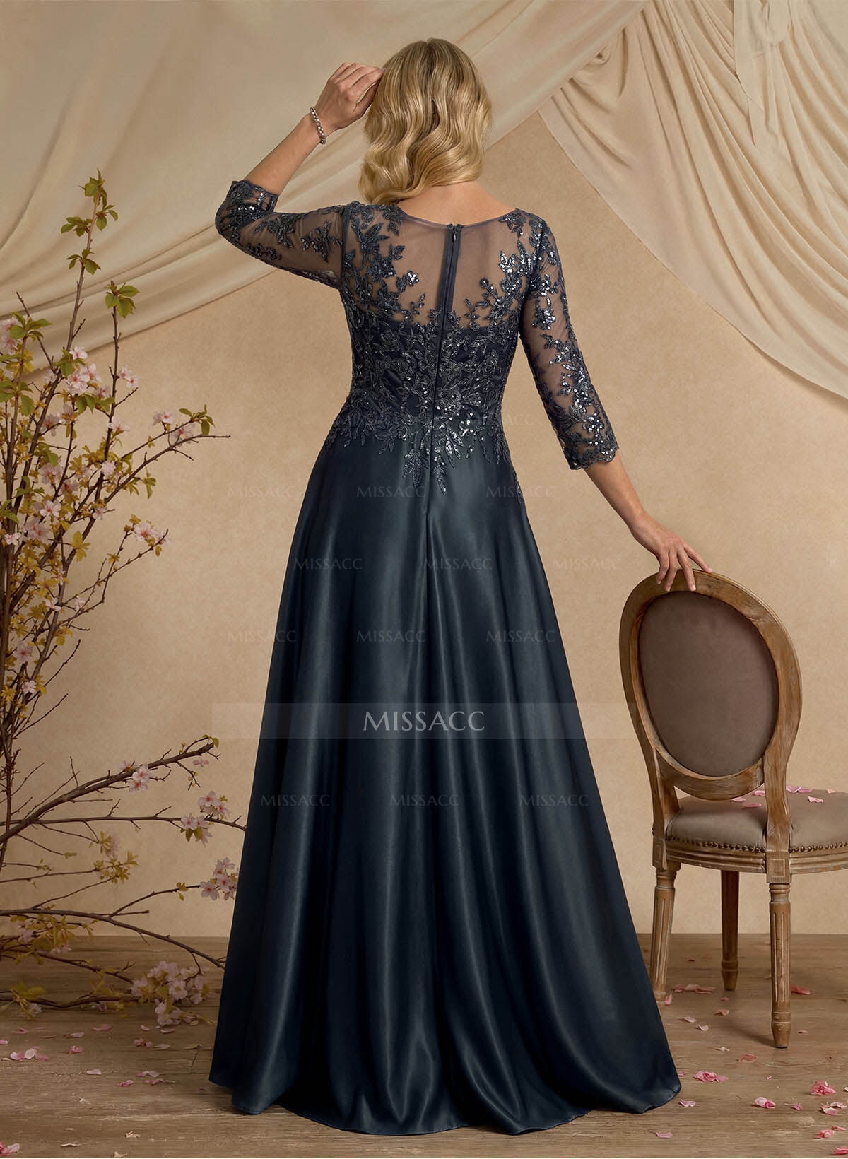 Exquisite Semi Sheer Illusion Floral Embroidered V-Neck Mother Of The Bride Dresses