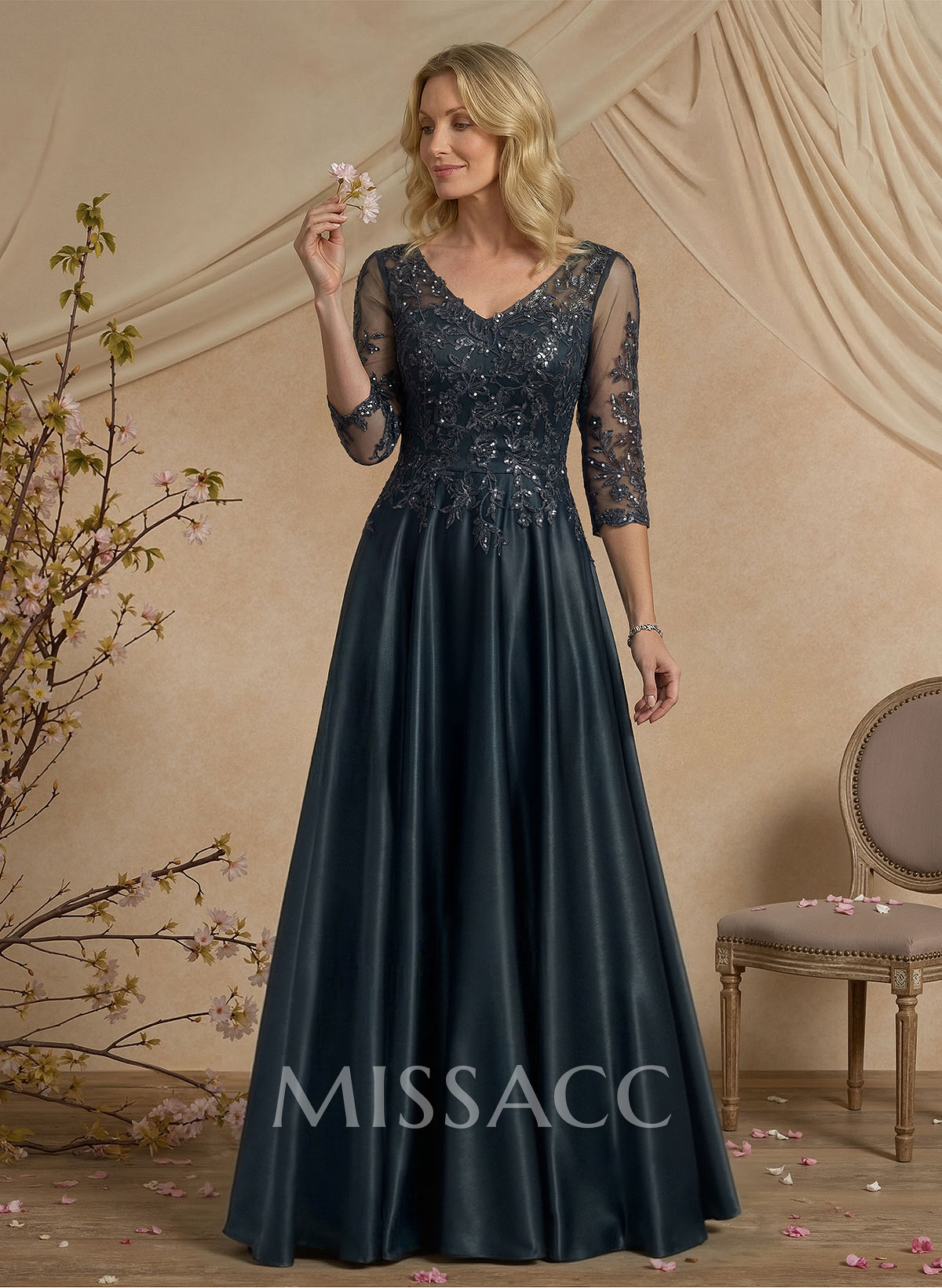 Exquisite Semi Sheer Illusion Floral Embroidered V-Neck Mother Of The Bride Dresses