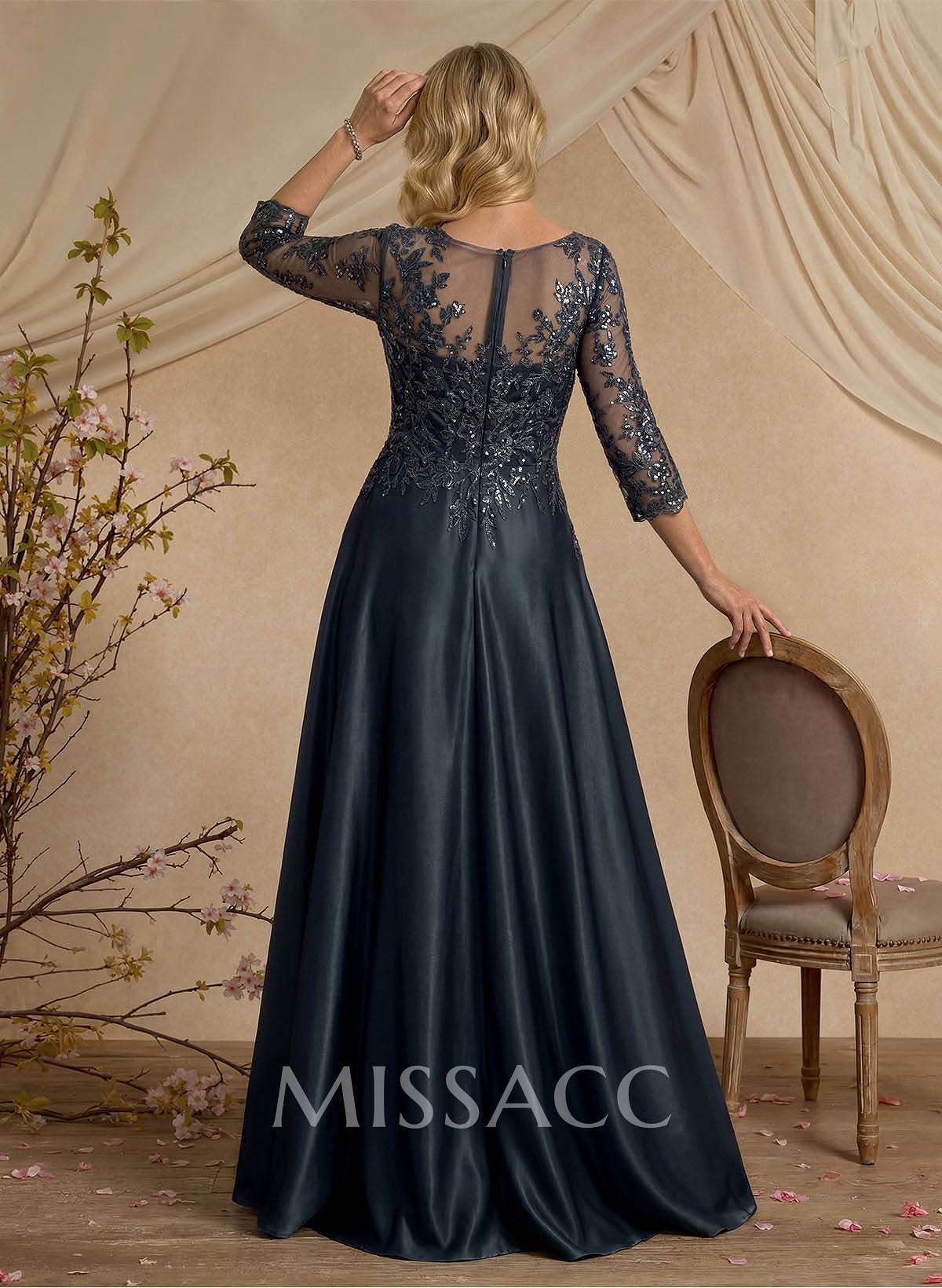 Exquisite Semi Sheer Illusion Floral Embroidered V-Neck Mother Of The Bride Dresses