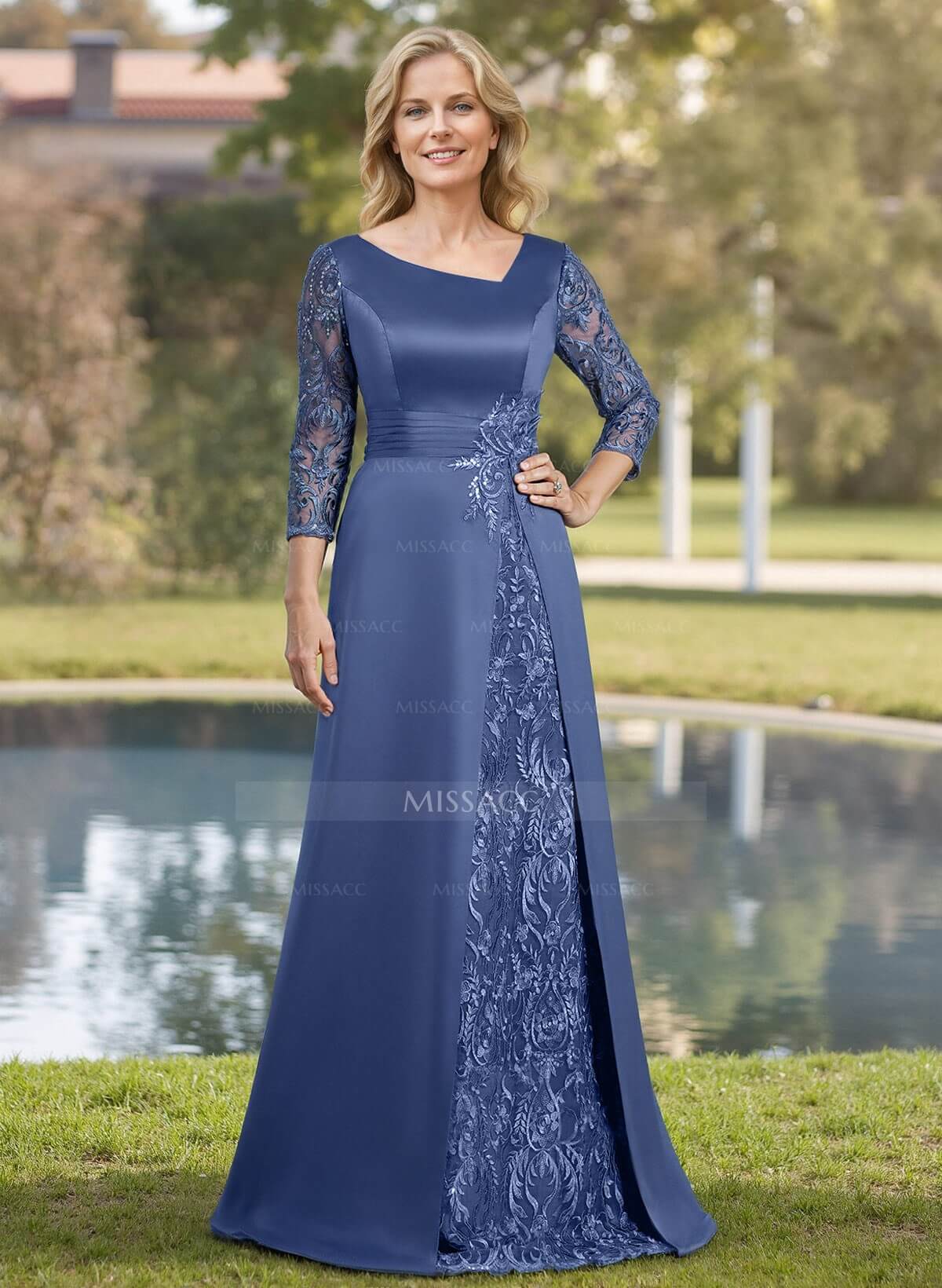 ALine 3/4 Sleeves Satin Mother Of The Bride Dresses With Lace Missacc