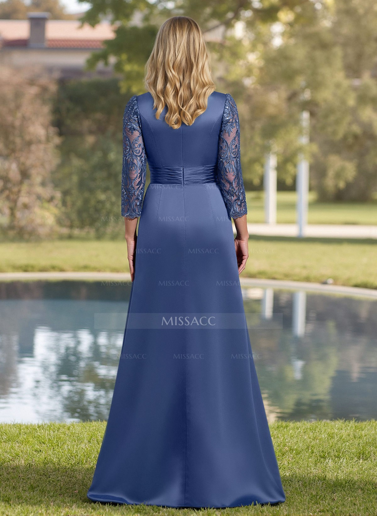 ALine 3/4 Sleeves Satin Mother Of The Bride Dresses With Lace Missacc