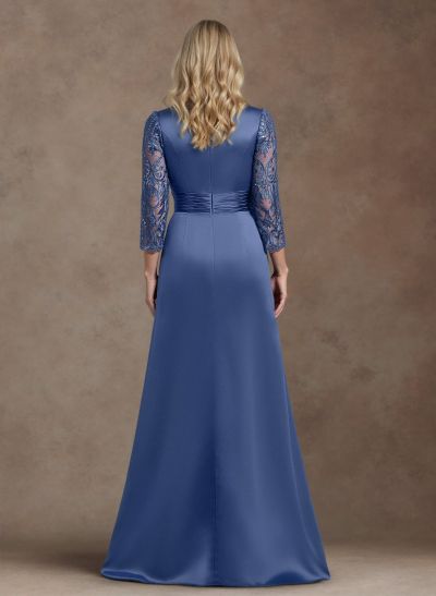 Modest Semi Sheer Illusion Sleeves Ruched Waist Mother Of The Bride Dresses With Floral Applique