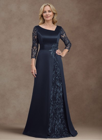 Modest Semi Sheer Illusion Sleeves Ruched Waist Mother Of The Bride Dresses With Floral Applique