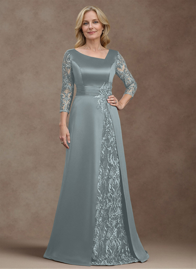 Modest Semi Sheer Illusion Sleeves Ruched Waist Mother Of The Bride Dresses With Floral Applique