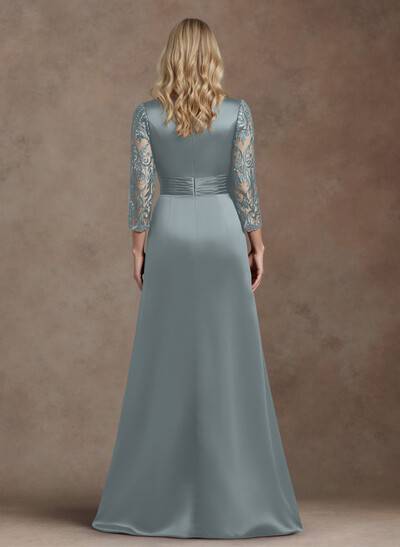 Modest Semi Sheer Illusion Sleeves Ruched Waist Mother Of The Bride Dresses With Floral Applique
