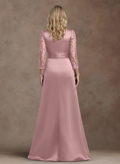 Modest Semi Sheer Illusion Sleeves Ruched Waist Mother Of The Bride Dresses With Floral Applique