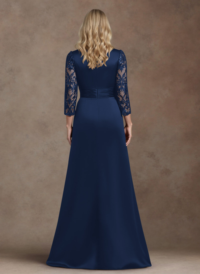 Modest Semi Sheer Illusion Sleeves Ruched Waist Mother Of The Bride Dresses With Floral Applique