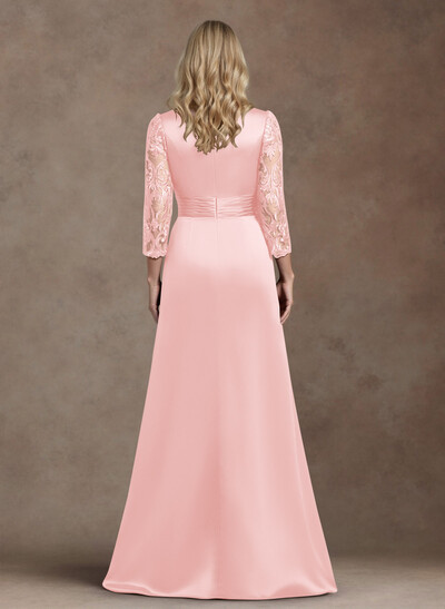 Modest Semi Sheer Illusion Sleeves Ruched Waist Mother Of The Bride Dresses With Floral Applique