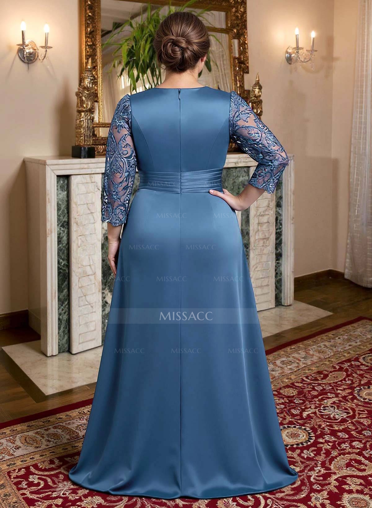 Modest Semi Sheer Illusion Sleeves Ruched Waist Mother Of The Bride Dresses With Floral Applique