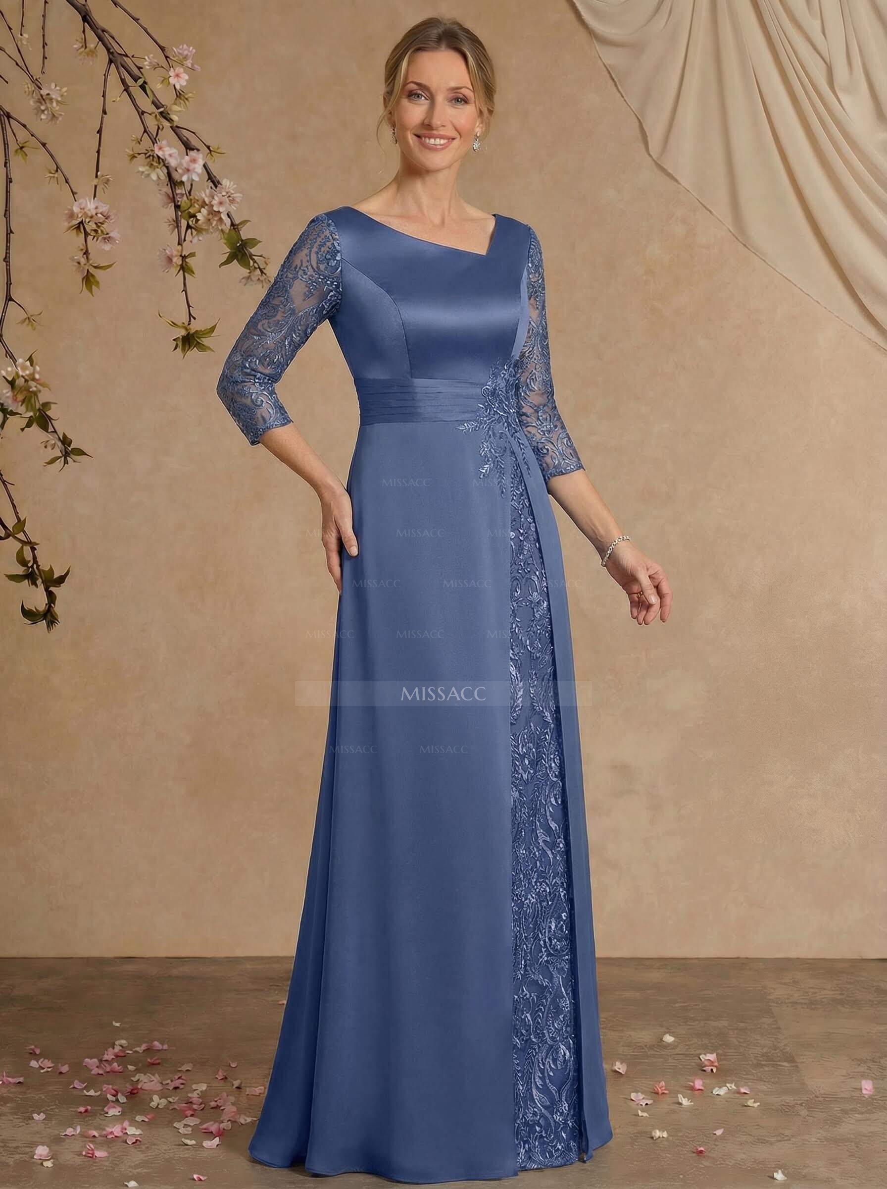 Modest Semi Sheer Illusion Sleeves Ruched Waist Mother Of The Bride Dresses With Floral Applique