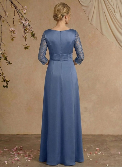 Modest Semi Sheer Illusion Sleeves Ruched Waist Mother Of The Bride Dresses With Floral Applique