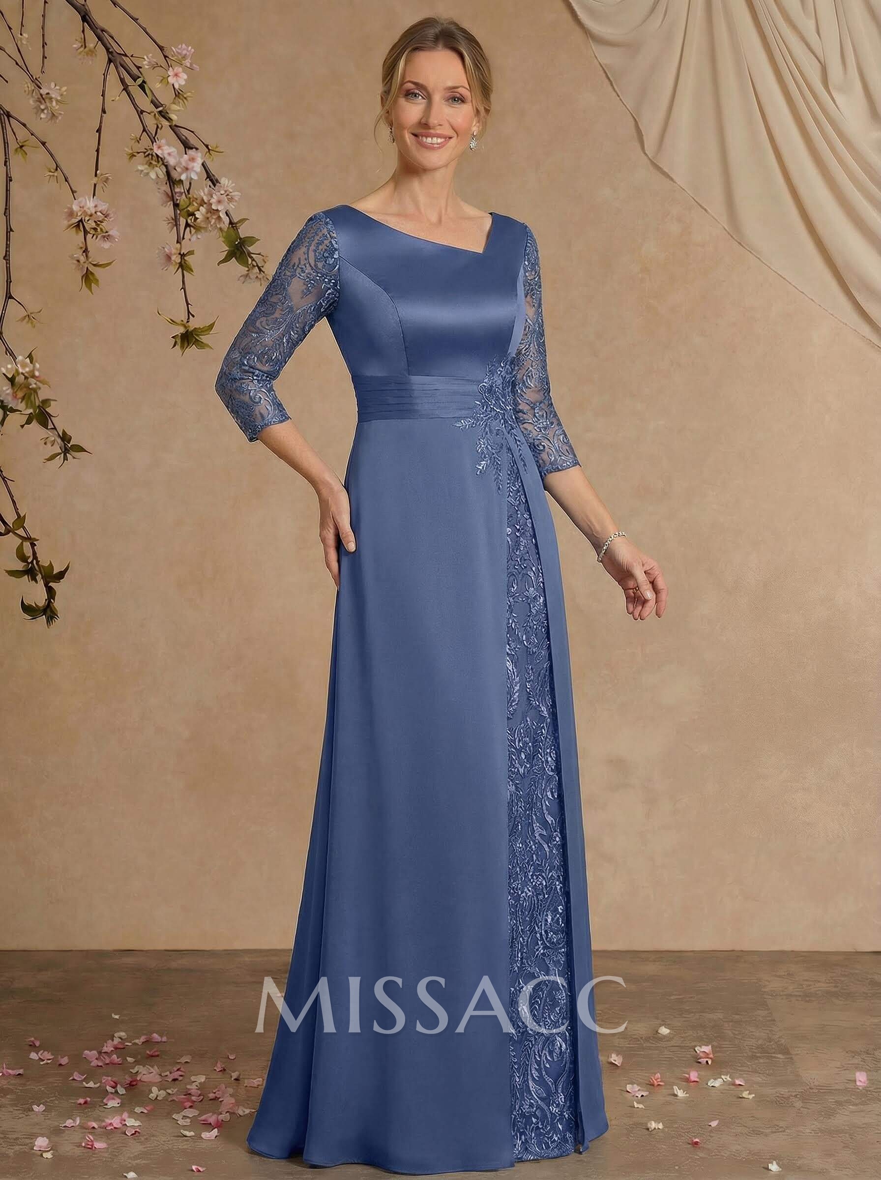 Modest Semi Sheer Illusion Sleeves Ruched Waist Mother Of The Bride Dresses With Floral Applique