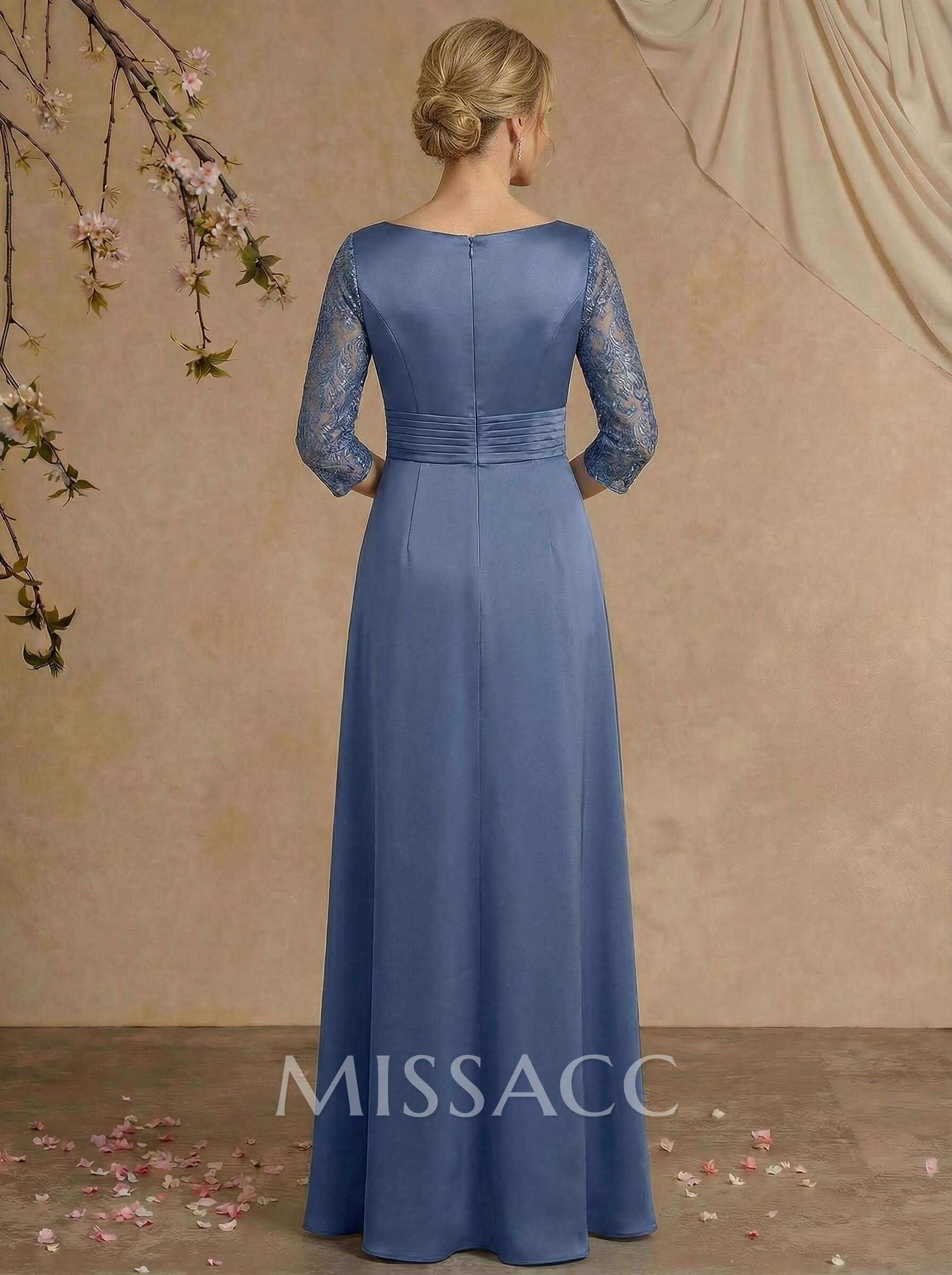 Modest Semi Sheer Illusion Sleeves Ruched Waist Mother Of The Bride Dresses With Floral Applique