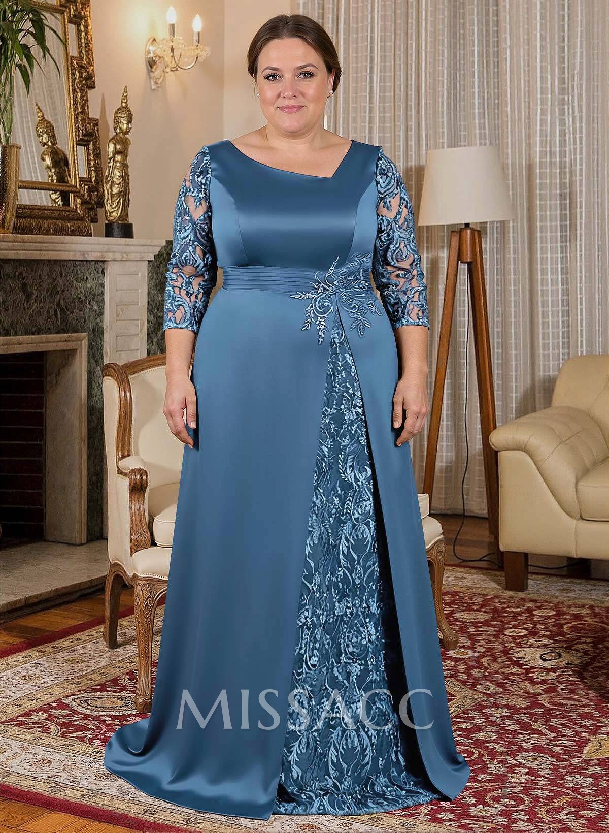 Modest Semi Sheer Illusion Sleeves Ruched Waist Mother Of The Bride Dresses With Floral Applique