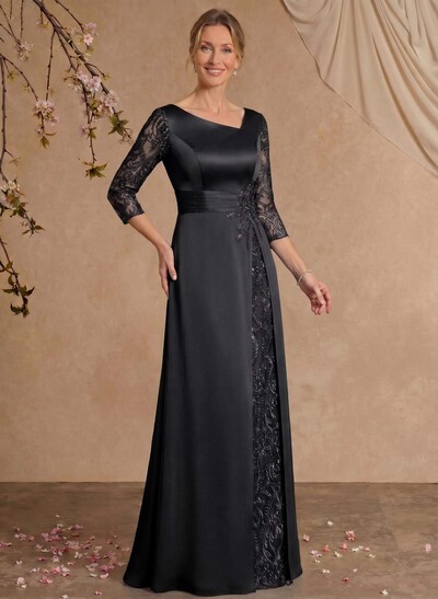 Modest Semi Sheer Illusion Sleeves Ruched Waist Mother Of The Bride Dresses With Floral Applique