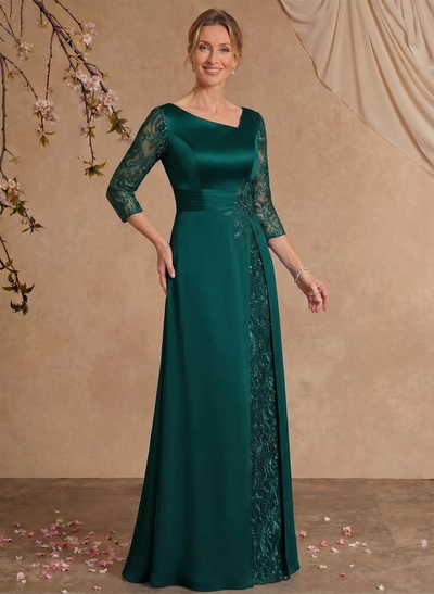 Modest Semi Sheer Illusion Sleeves Ruched Waist Mother Of The Bride Dresses With Floral Applique