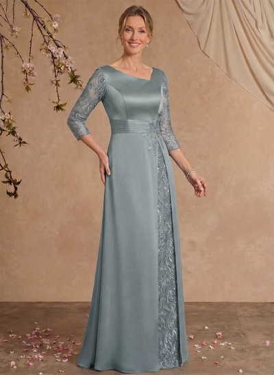 Modest Semi Sheer Illusion Sleeves Ruched Waist Mother Of The Bride Dresses With Floral Applique