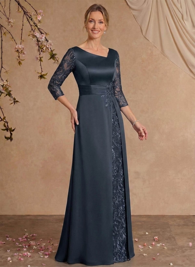 Modest Semi Sheer Illusion Sleeves Ruched Waist Mother Of The Bride Dresses With Floral Applique