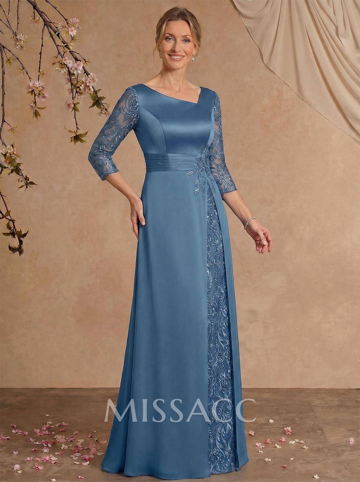 Modest Semi Sheer Illusion Sleeves Ruched Waist Mother Of The Bride Dresses With Floral Applique Modest Semi Sheer Illusion Sleeves Ruched Waist Mother Of The Bride Dresses With Floral Applique