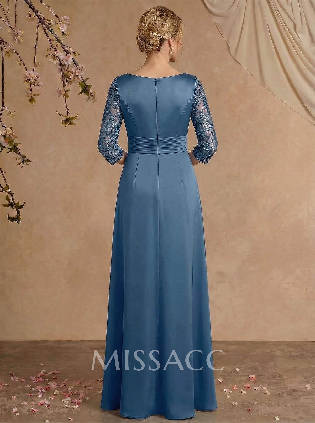 Modest Semi Sheer Illusion Sleeves Ruched Waist Mother Of The Bride Dresses With Floral Applique Modest Semi Sheer Illusion Sleeves Ruched Waist Mother Of The Bride Dresses With Floral Applique