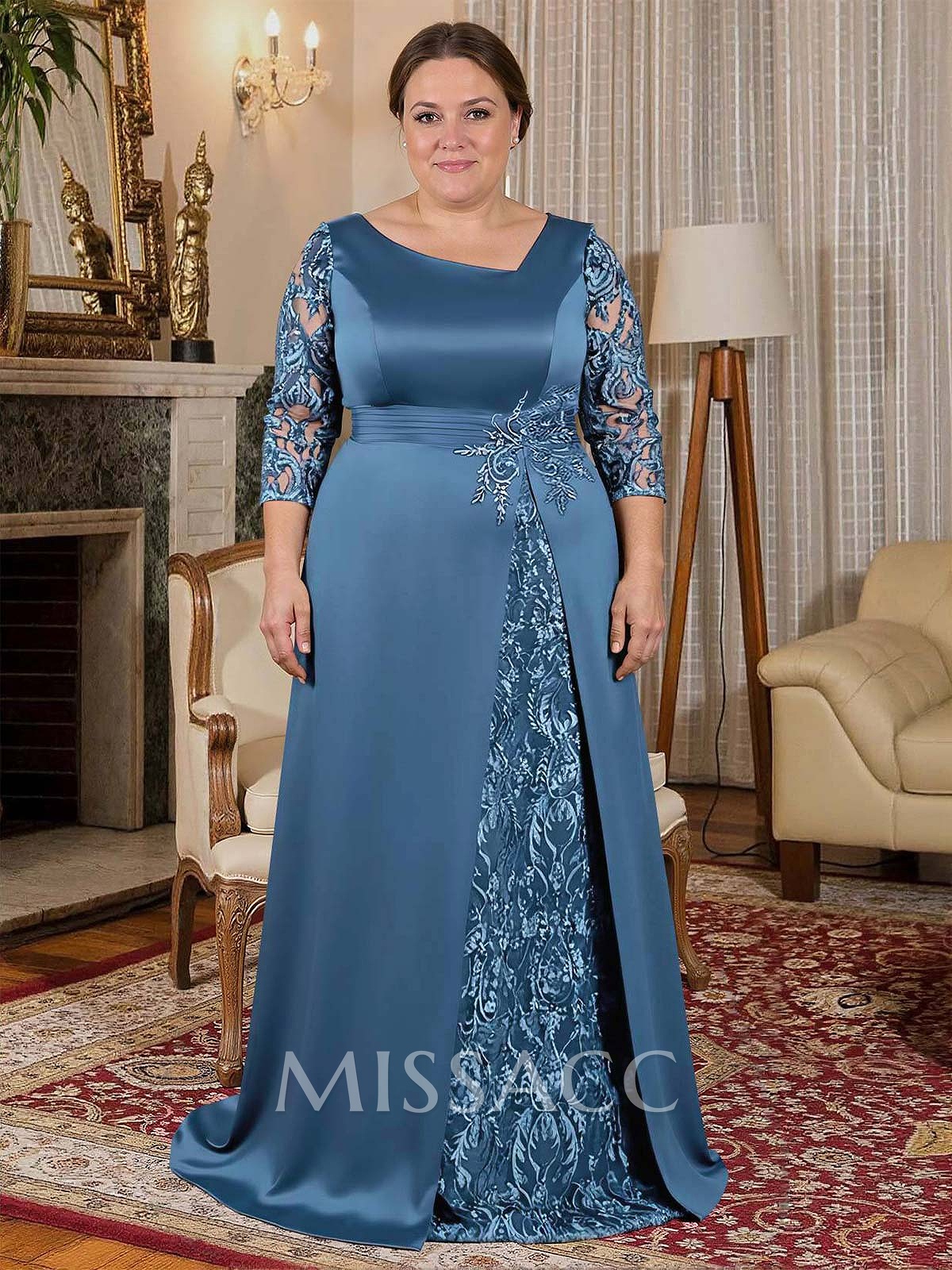 Modest Semi Sheer Illusion Sleeves Ruched Waist Mother Of The Bride Dresses With Floral Applique Modest Semi Sheer Illusion Sleeves Ruched Waist Mother Of The Bride Dresses With Floral Applique