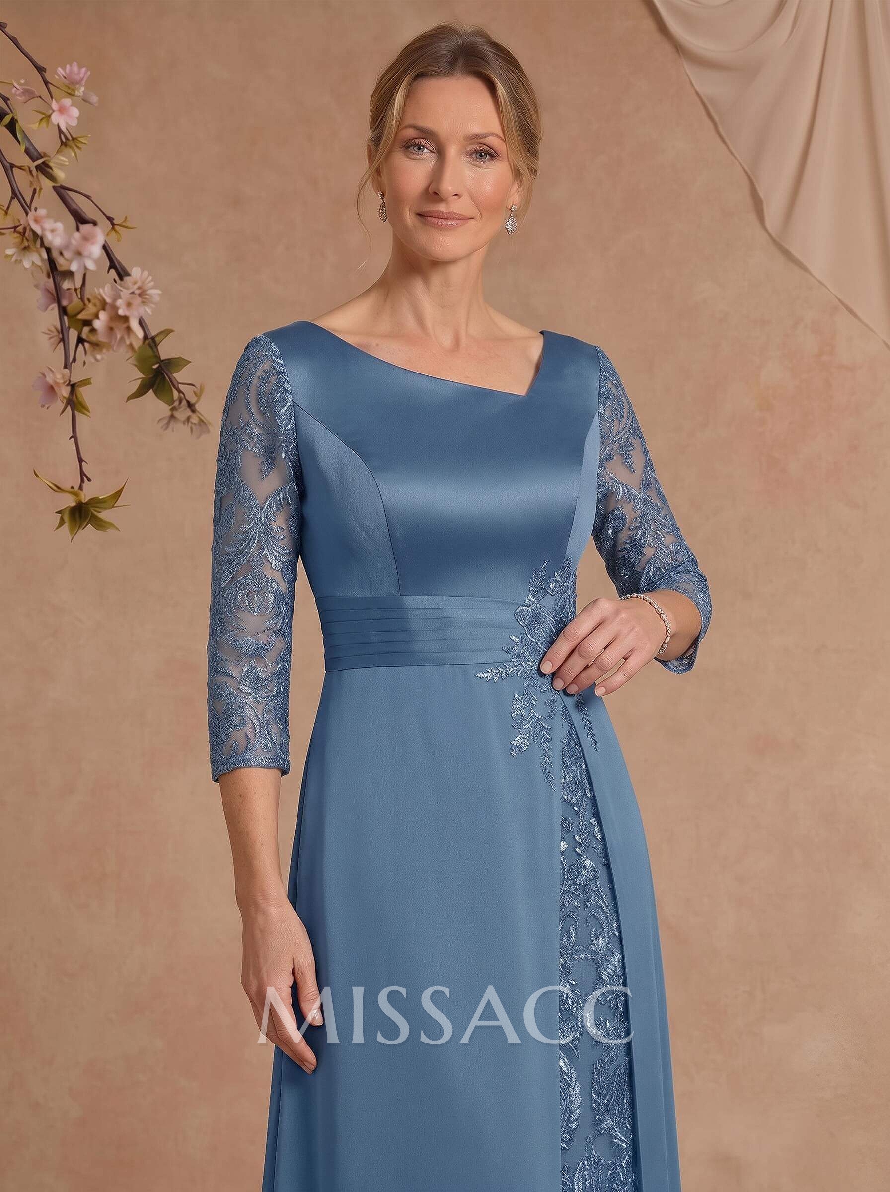 Modest Semi Sheer Illusion Sleeves Ruched Waist Mother Of The Bride Dresses With Floral Applique