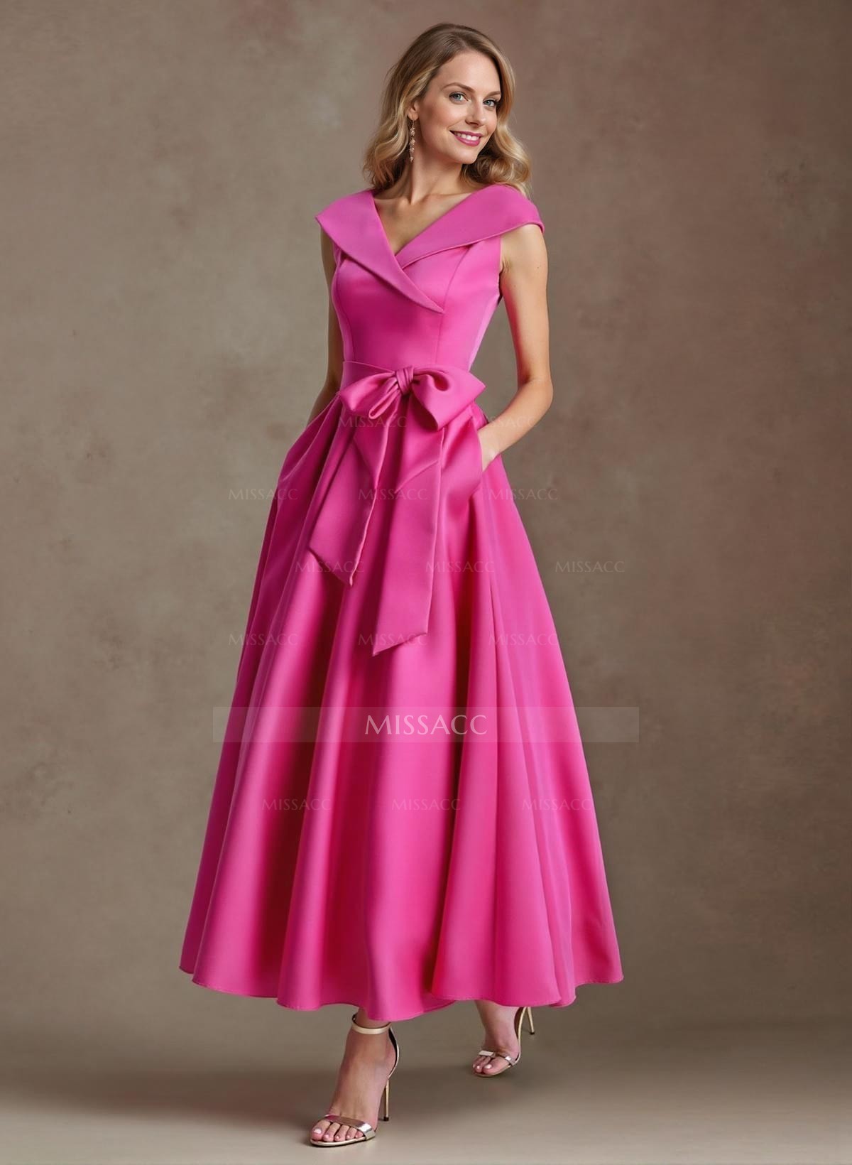 Modest V-Neck Cap Straps Bow Accented Satin Mother Of The Bride Dresses