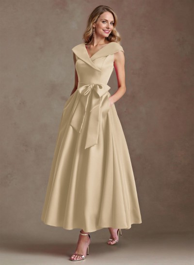 Modest V-Neck Cap Straps Bow Accented Satin Mother Of The Bride Dresses