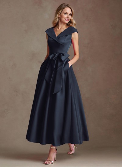 Modest V-Neck Cap Straps Bow Accented Satin Mother Of The Bride Dresses