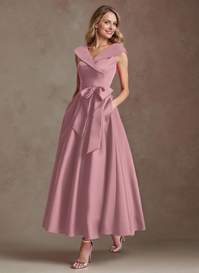 Modest V-Neck Cap Straps Bow Accented Satin Mother Of The Bride Dresses