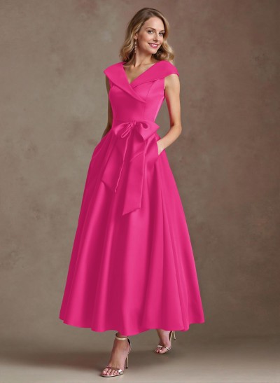 Modest V-Neck Cap Straps Bow Accented Satin Mother Of The Bride Dresses