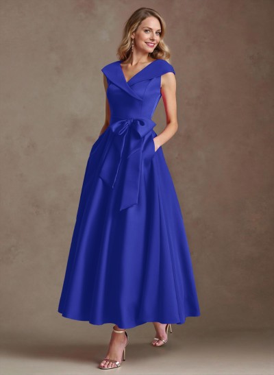 Modest V-Neck Cap Straps Bow Accented Satin Mother Of The Bride Dresses