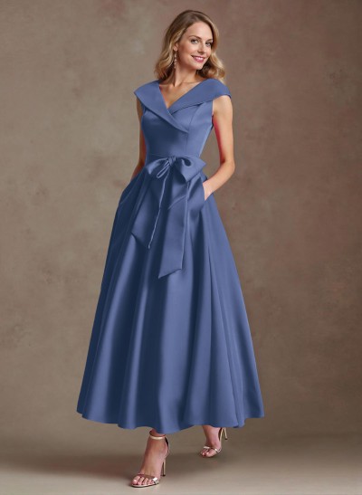 Modest V-Neck Cap Straps Bow Accented Satin Mother Of The Bride Dresses