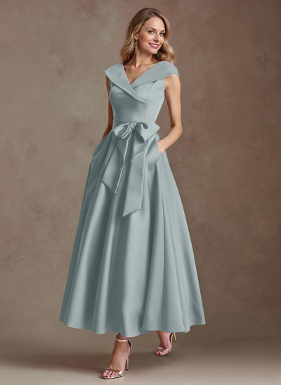 Modest V-Neck Cap Straps Bow Accented Satin Mother Of The Bride Dresses