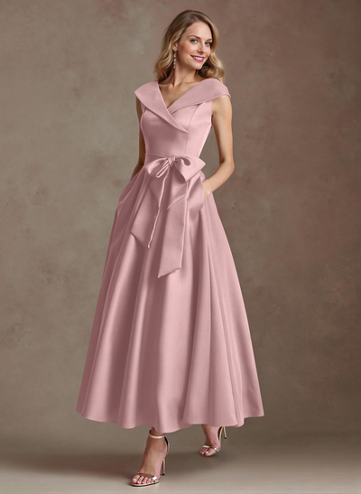 Modest V-Neck Cap Straps Bow Accented Satin Mother Of The Bride Dresses