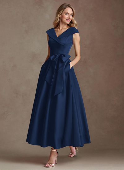 Modest V-Neck Cap Straps Bow Accented Satin Mother Of The Bride Dresses