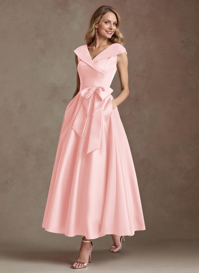 Modest V-Neck Cap Straps Bow Accented Satin Mother Of The Bride Dresses