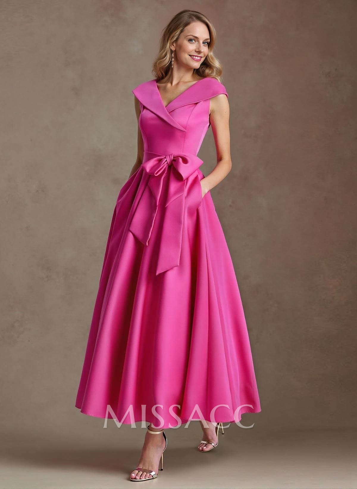 Modest V-Neck Cap Straps Bow Accented Satin Mother Of The Bride Dresses Modest V-Neck Cap Straps Bow Accented Satin Mother Of The Bride Dresses