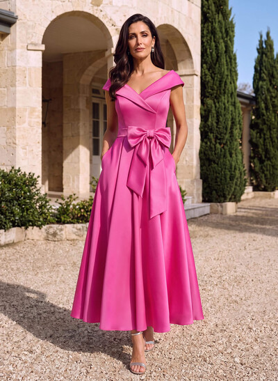 Modest V-Neck Cap Straps Bow Accented Satin Mother Of The Bride Dresses