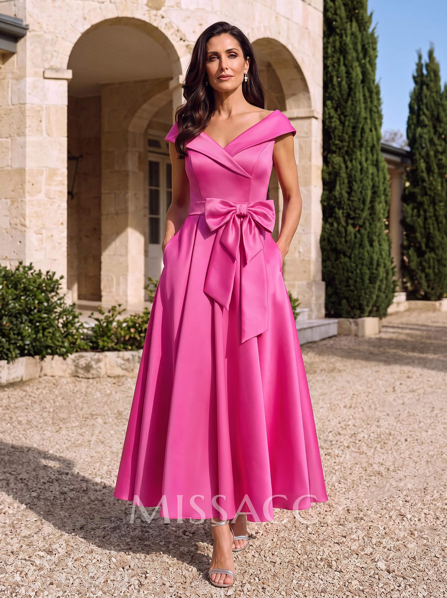 Modest V-Neck Cap Straps Bow Accented Satin Mother Of The Bride Dresses Modest V-Neck Cap Straps Bow Accented Satin Mother Of The Bride Dresses