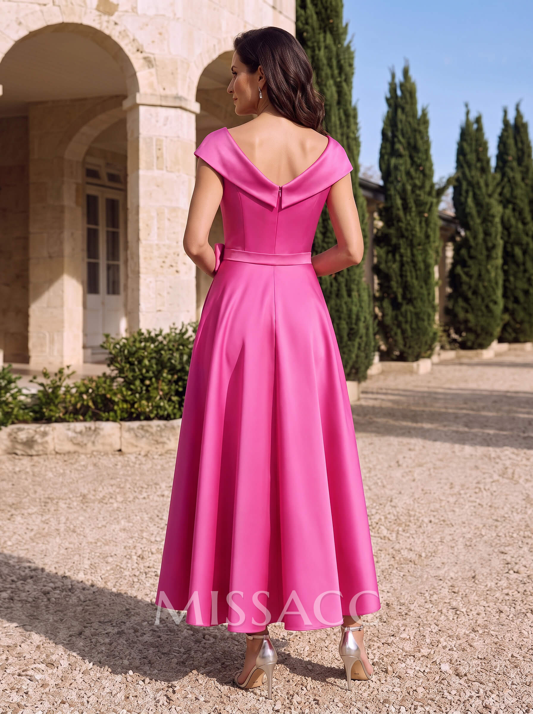 Modest V-Neck Cap Straps Bow Accented Satin Mother Of The Bride Dresses Modest V-Neck Cap Straps Bow Accented Satin Mother Of The Bride Dresses