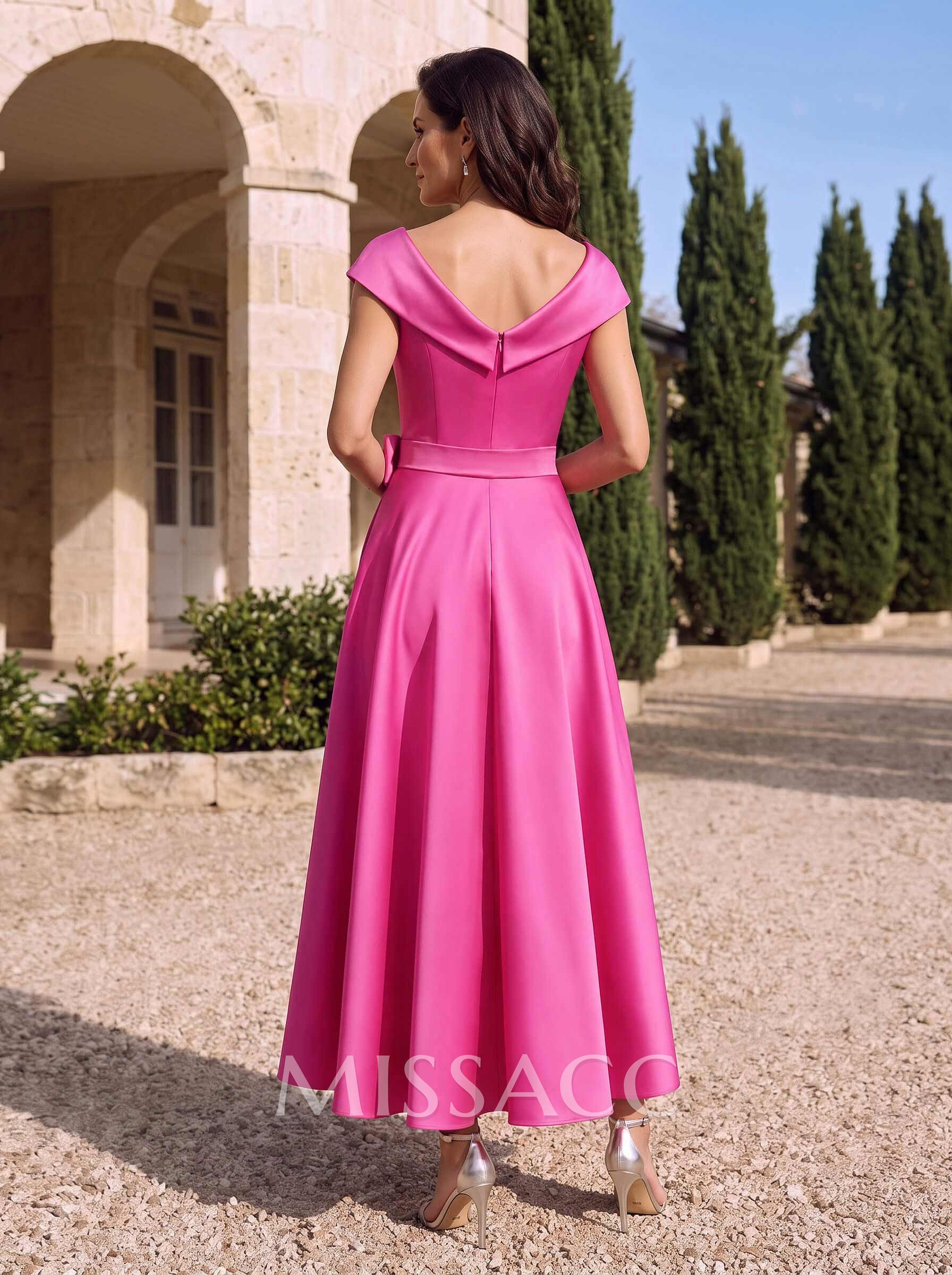 Modest V-Neck Cap Straps Bow Accented Satin Mother Of The Bride Dresses