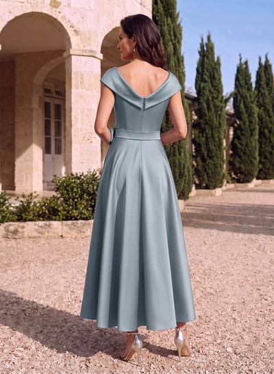 Modest V-Neck Cap Straps Bow Accented Satin Mother Of The Bride Dresses